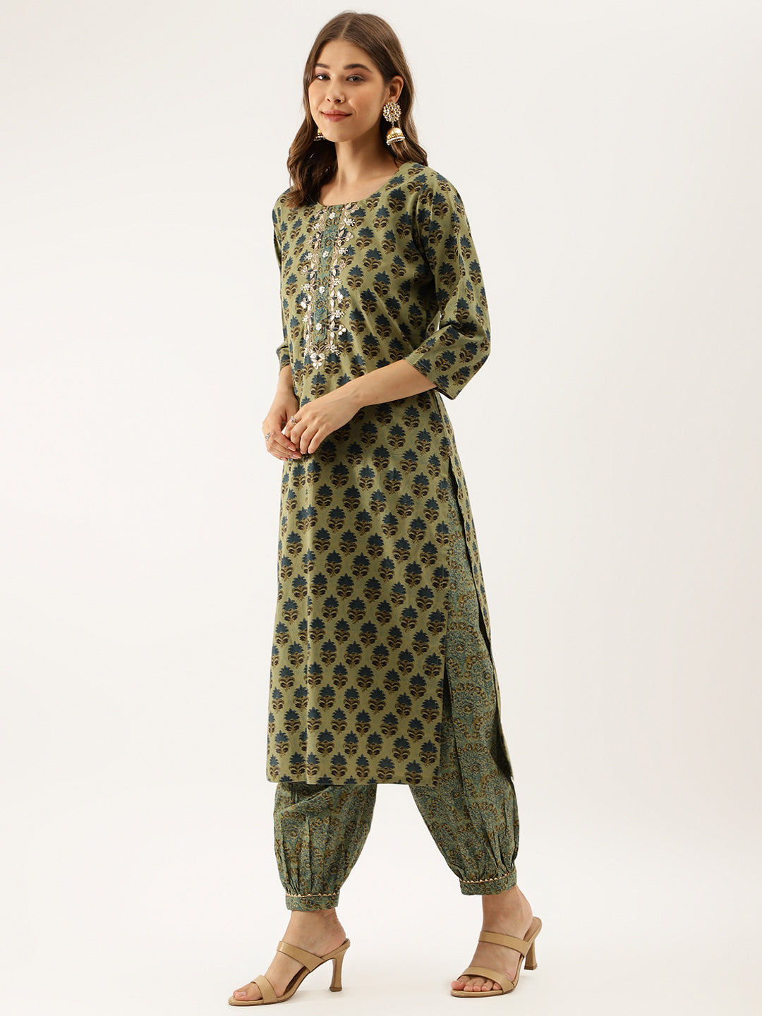 Divena Green Floral Print Cotton Embroidered Kurta set with Dupatta