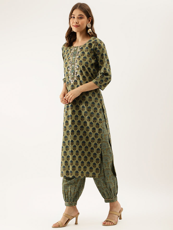 Divena Green Floral Print Cotton Embroidered Kurta set with Dupatta