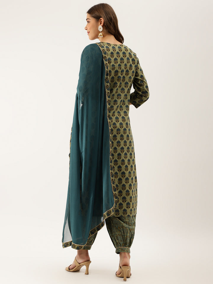 Divena Green Floral Print Cotton Embroidered Kurta set with Dupatta