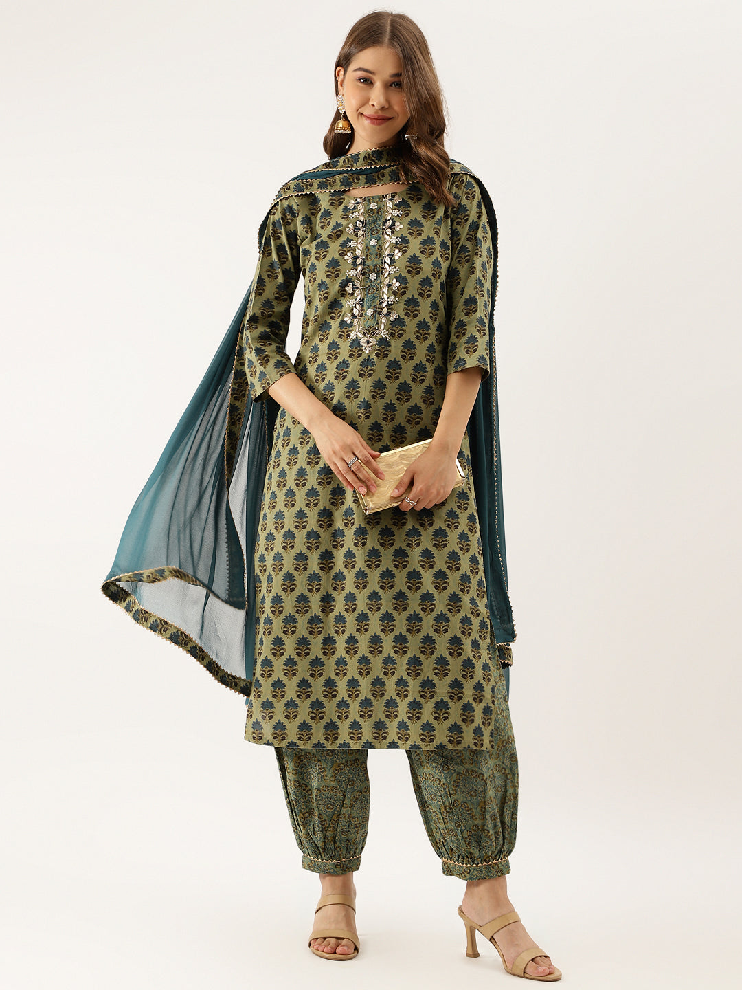 Green Floral Print Cotton Embroidered Kurta set with Dupatta — view 1