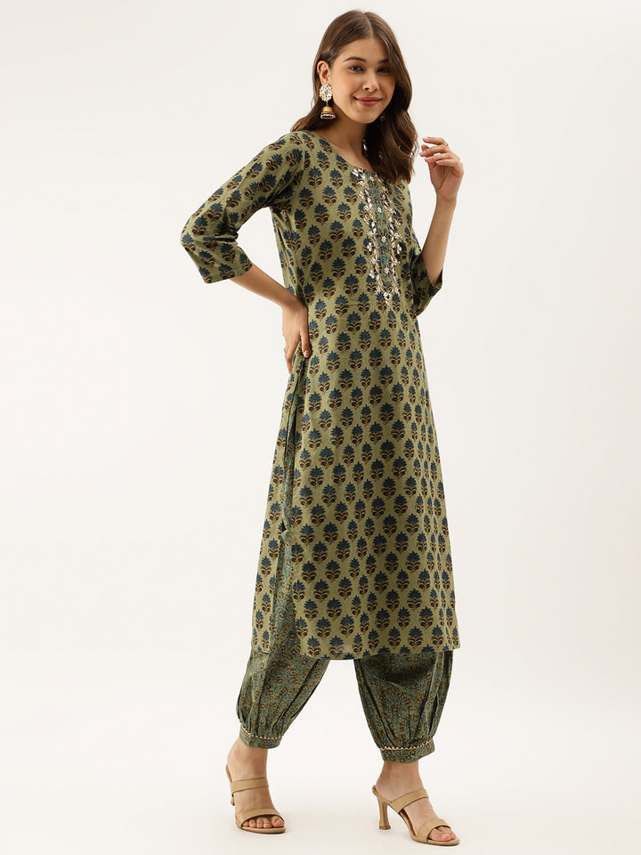 Divena Green Floral Print Cotton Embroidered Kurta set with Dupatta