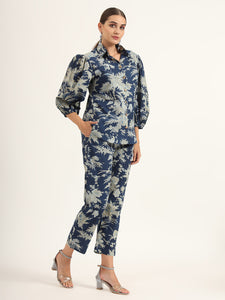 Divena Navy Floral Print Pure Cotton Straight Co-ord Set