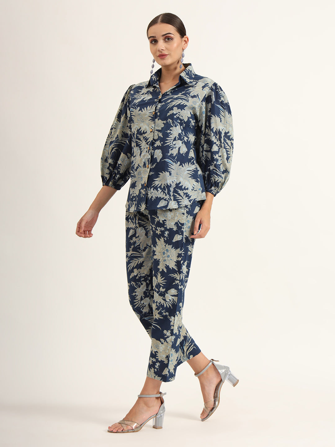 Divena Navy Floral Print Pure Cotton Straight Co-ord Set