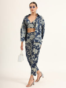 Divena Navy Floral Print Pure Cotton Straight Co-ord Set