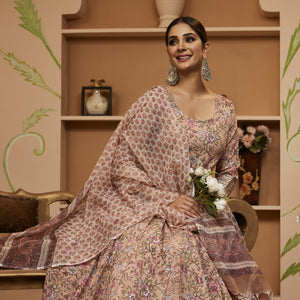 Divena Handblock Floral Printed Beige Anarkali Cotton Kurta With Trousers & Dupatta