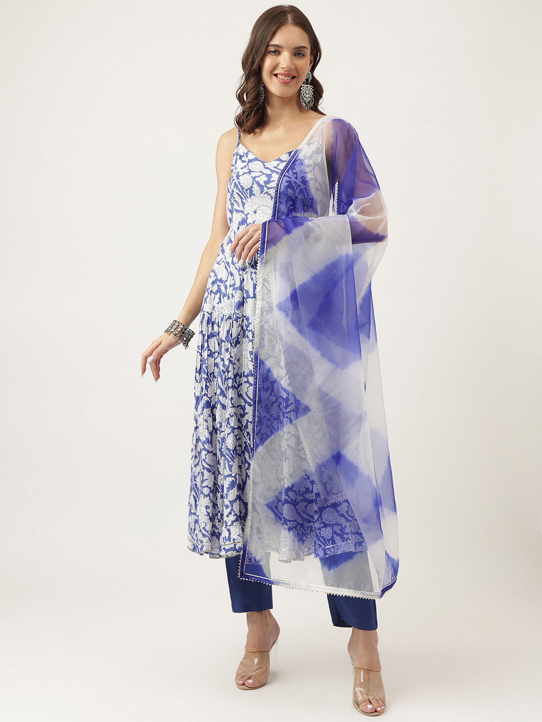 Blue Muslin Floral Printed Kurta, Trouser with Dupatta Set — view 1