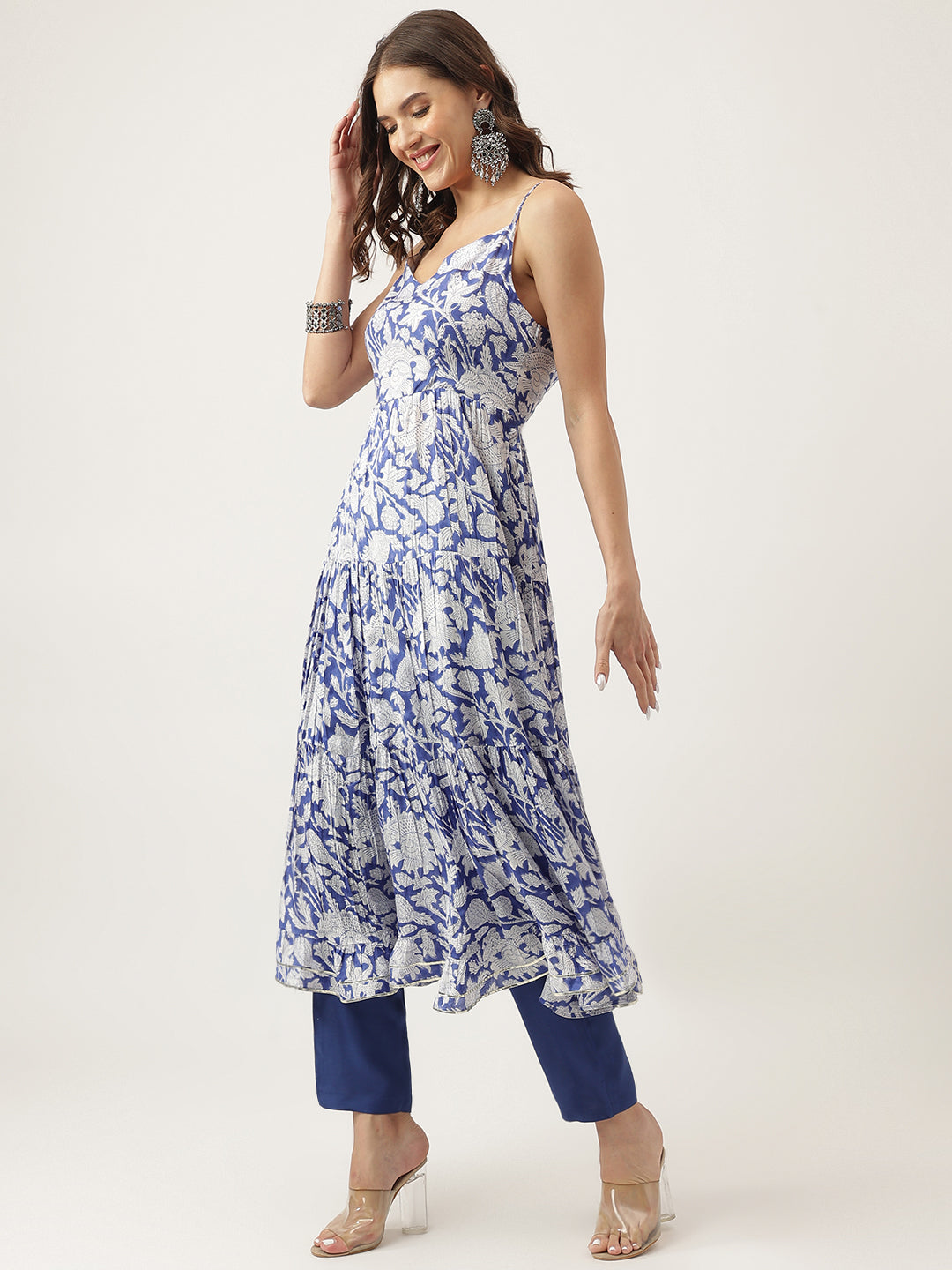 Divena Blue Muslin Floral Printed Kurta, Trouser with Dupatta Set