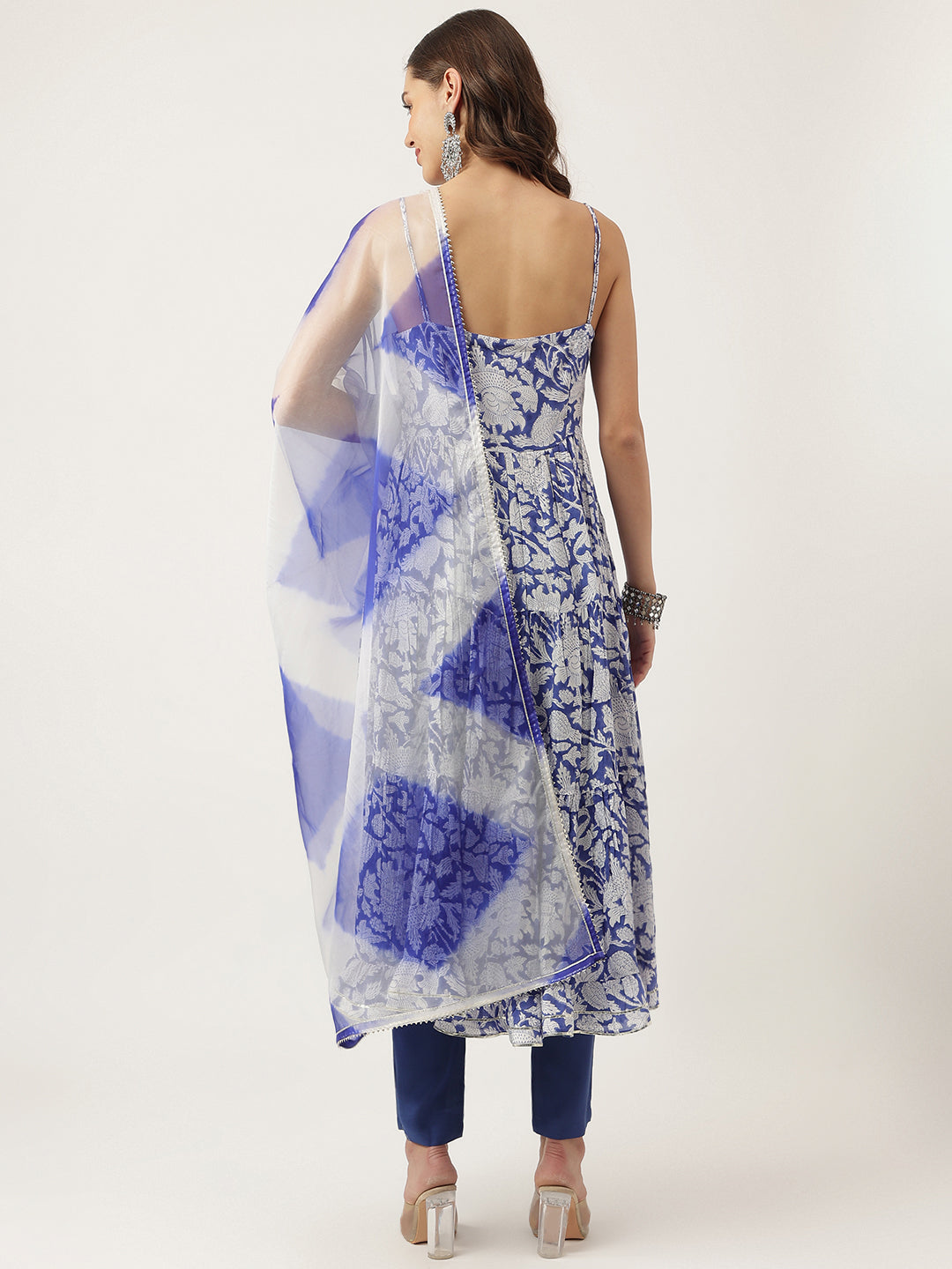 Divena Blue Muslin Floral Printed Kurta, Trouser with Dupatta Set