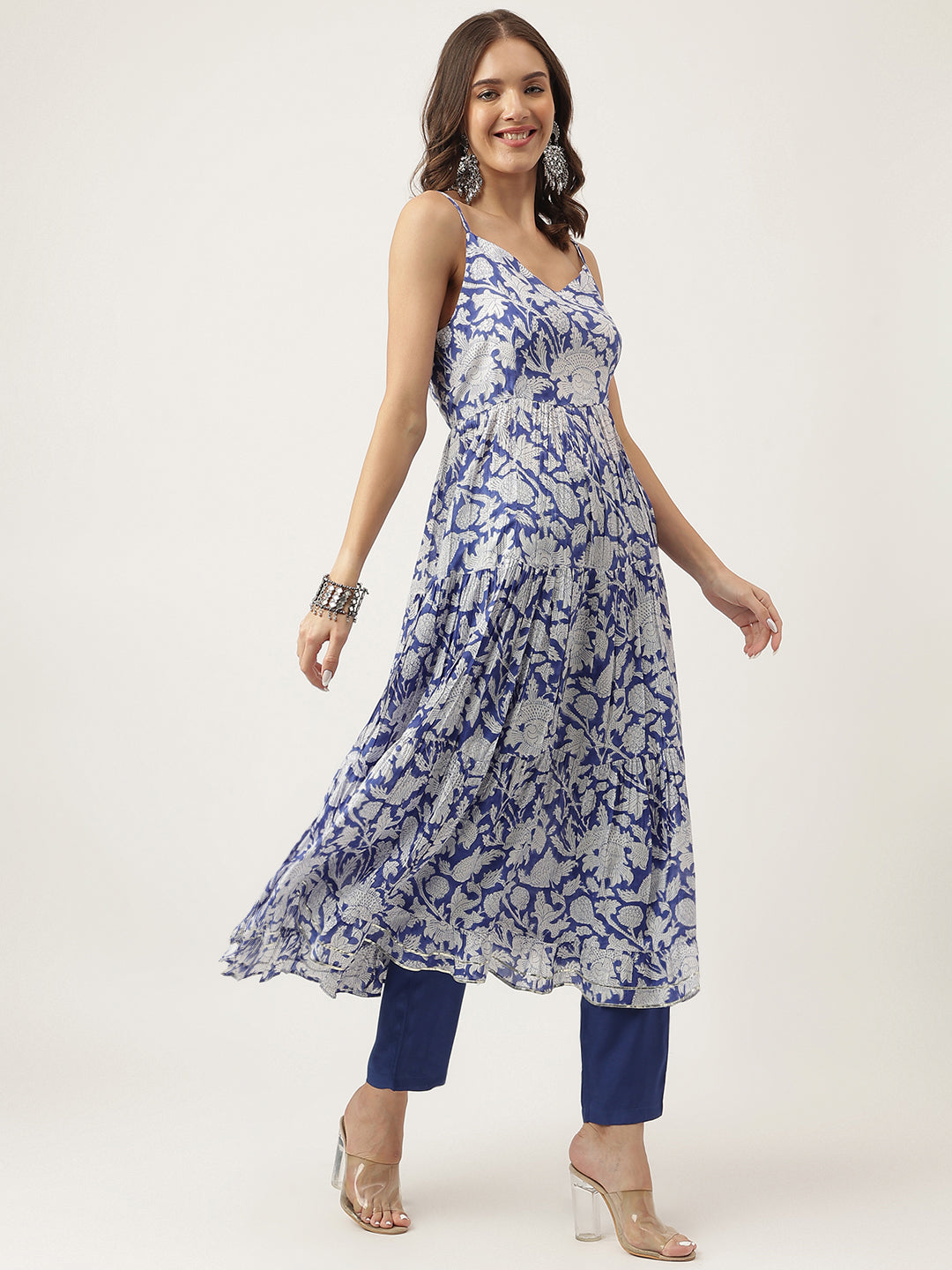 Divena Blue Muslin Floral Printed Kurta, Trouser with Dupatta Set