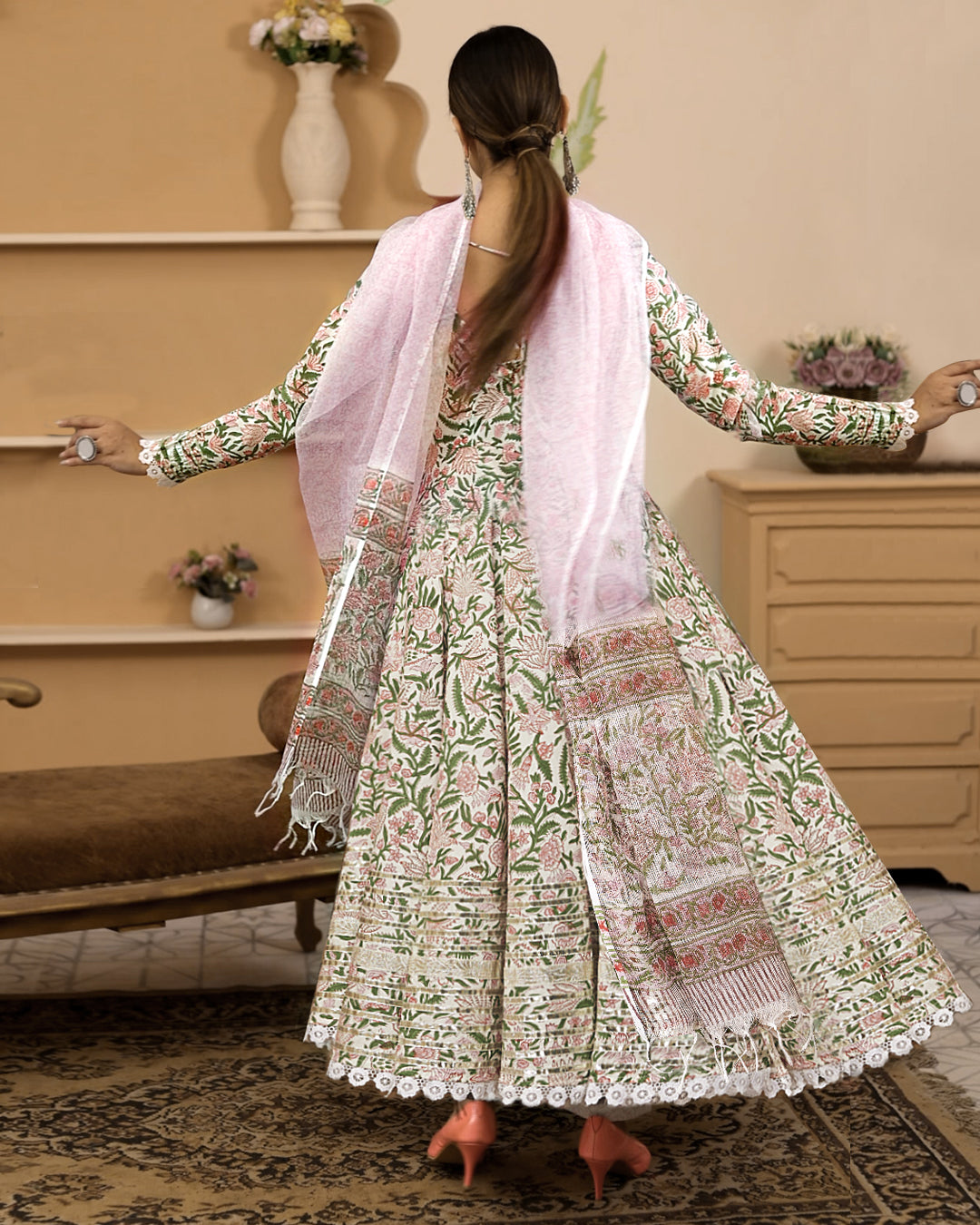 Divena Handblock Printed Green Anarkali Cotton Kurta With Trousers & Dupatta