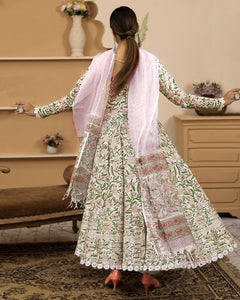 Divena Handblock Printed Green Anarkali Cotton Kurta With Trousers & Dupatta