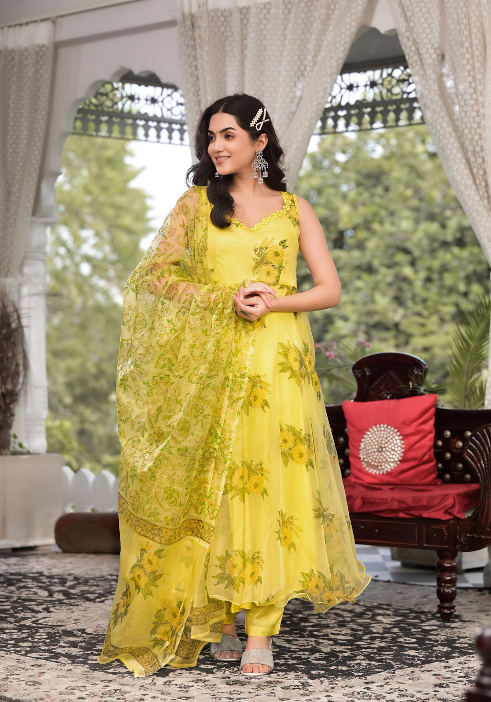 Light Yellow Hand Painted Floral Organza Anarkali Kurta Pant Set with Dupatta — view 1