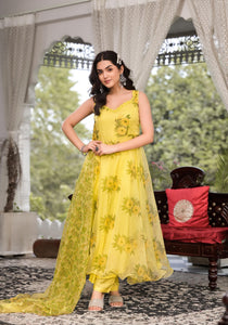 Divena Light Yellow Hand Painted Floral Organza Anarkali Kurta Pant Set with Dupatta