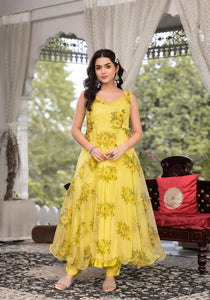 Divena Light Yellow Hand Painted Floral Organza Anarkali Kurta Pant Set with Dupatta