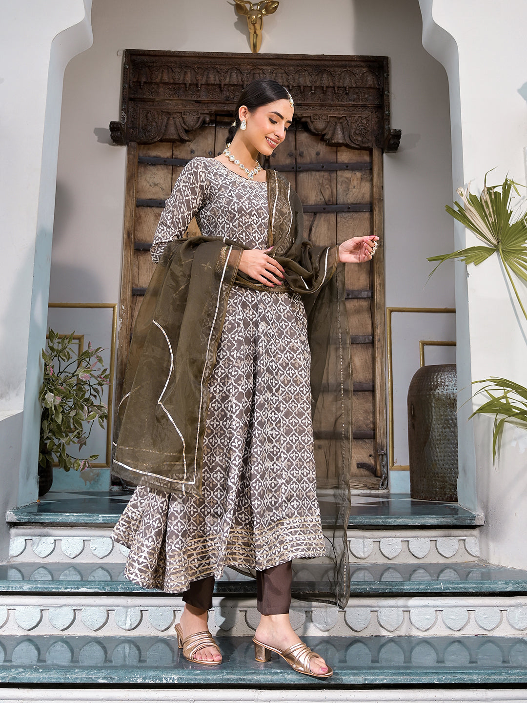 Divena Brown Asymetric Print Muslin Anarkali kurta pant with Dupatta Set