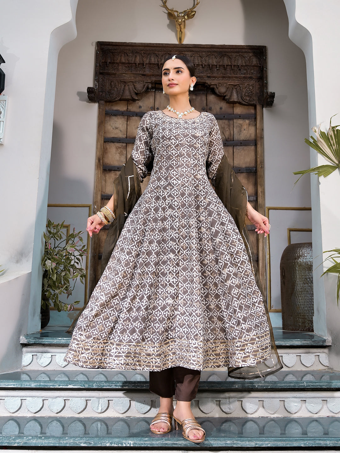 Brown Asymetric Print Muslin Anarkali kurta pant with Dupatta Set — view 1