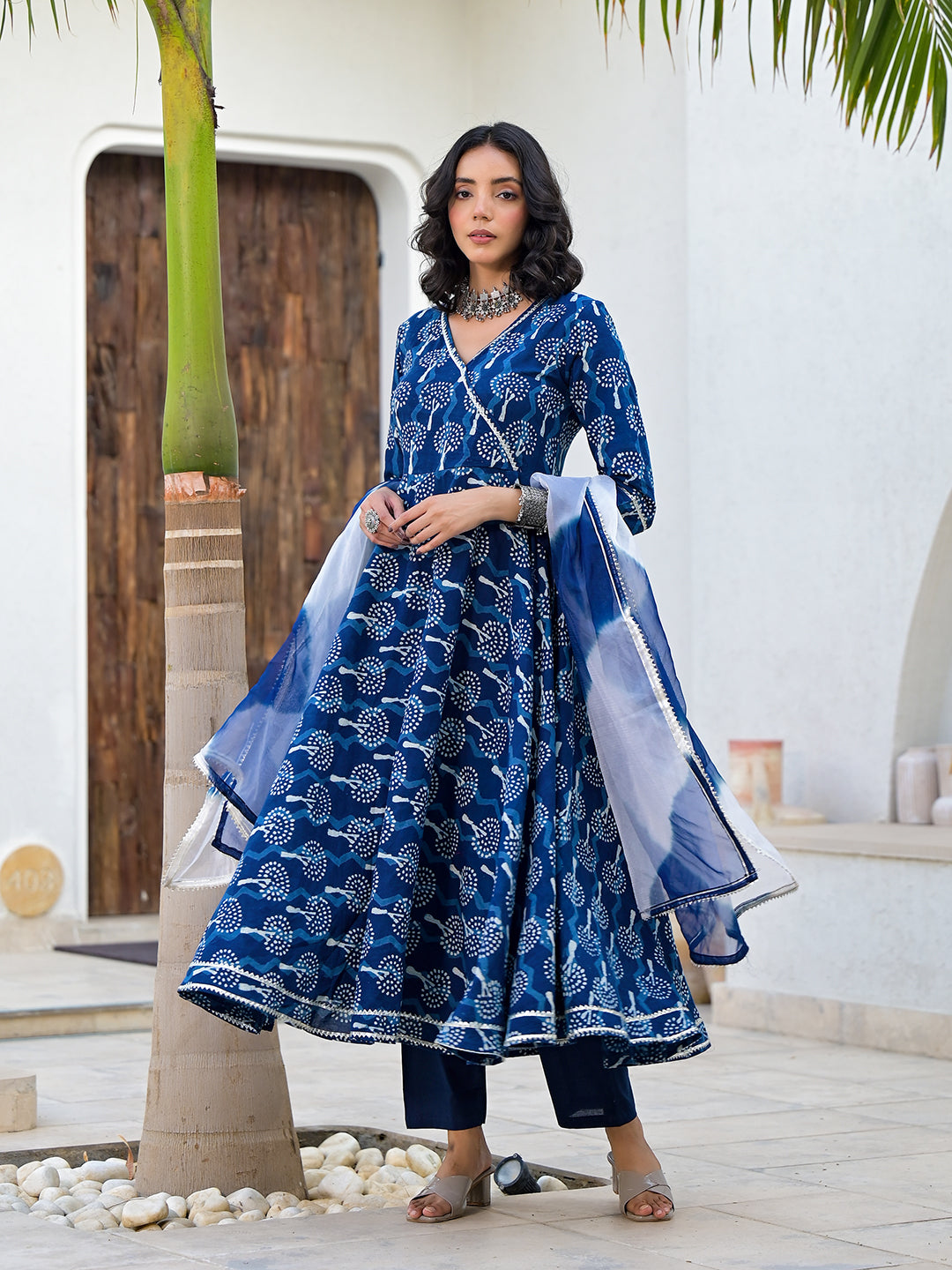 Indigo Blue HandBlock Print Cotton Anarkali Kurta Set with Organza Dupatta — view 1