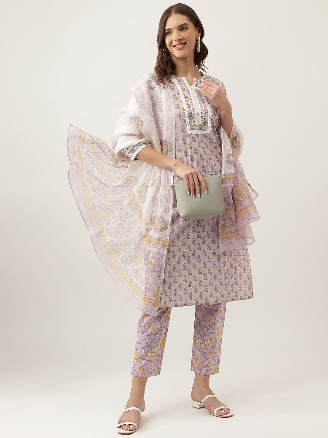 Lavender Hand Block Printed Cotton Kurta, Trouser with Kota Doria Dupatta Set — view 1