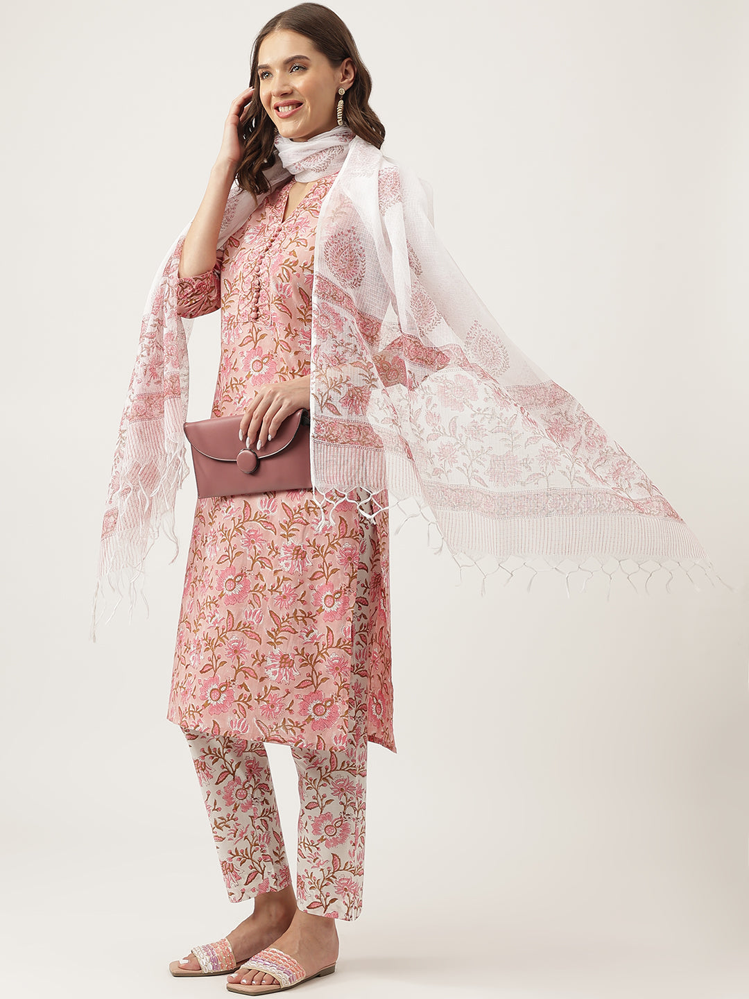 Pink hand block Floral Printed Cotton Kurta, trousers with Dupatta Set — view 1