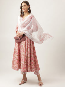 Divena Pink Floral HandBlock Printed Cotton Anarkali Kurta, trouser with Dupatta Set