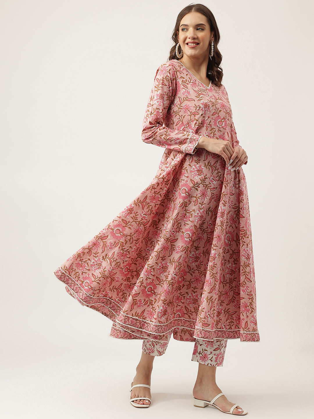 Divena Pink Floral HandBlock Printed Cotton Anarkali Kurta, trouser with Dupatta Set