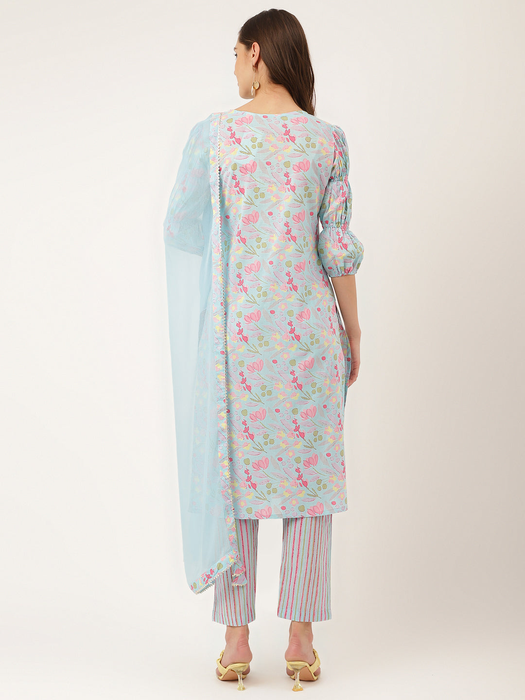 Divena Blue Floral Print Cotton  Kurta, Trouser With Dupatta