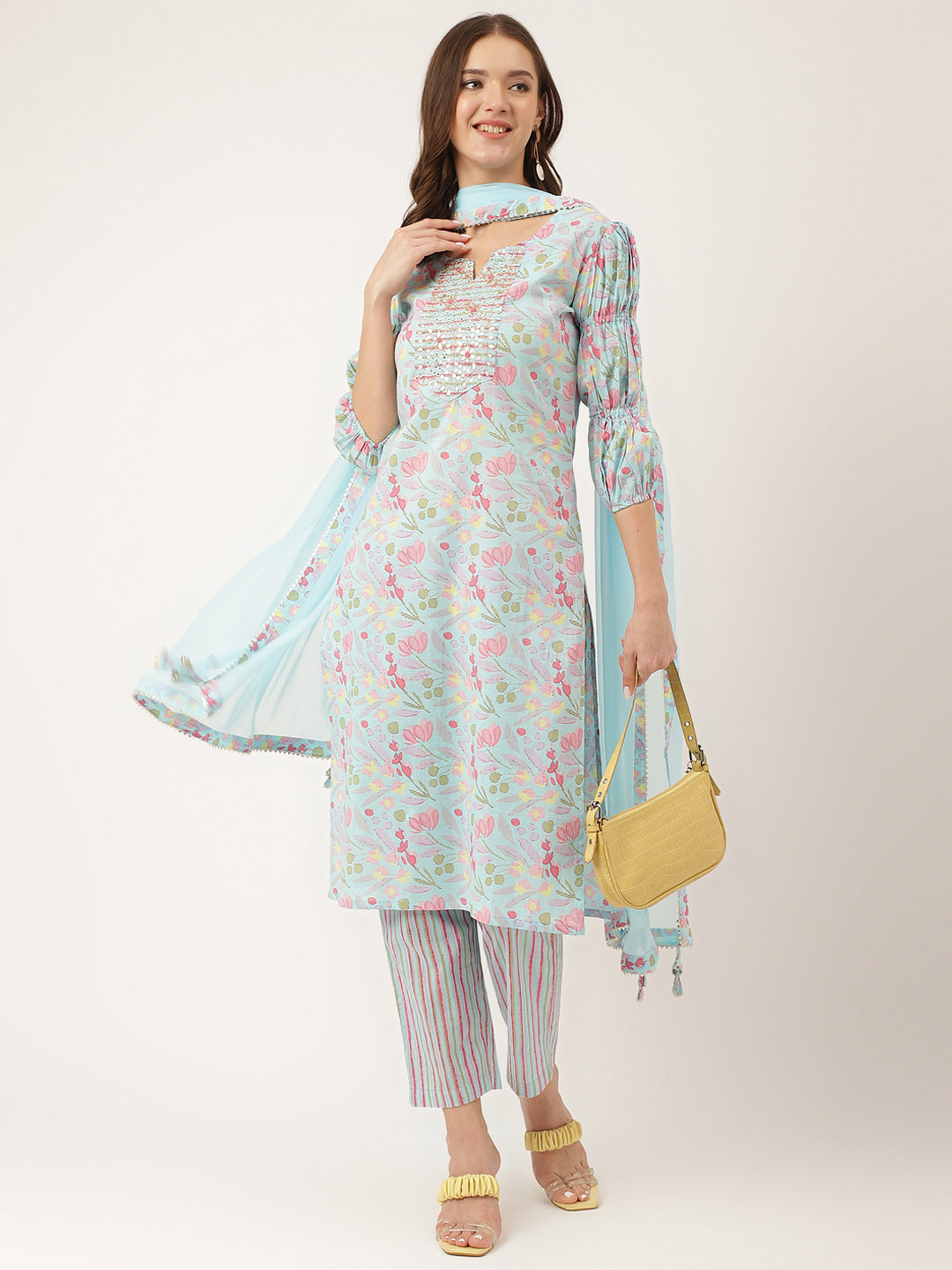 Blue Floral Print Cotton Kurta, Trouser With Dupatta — view 1