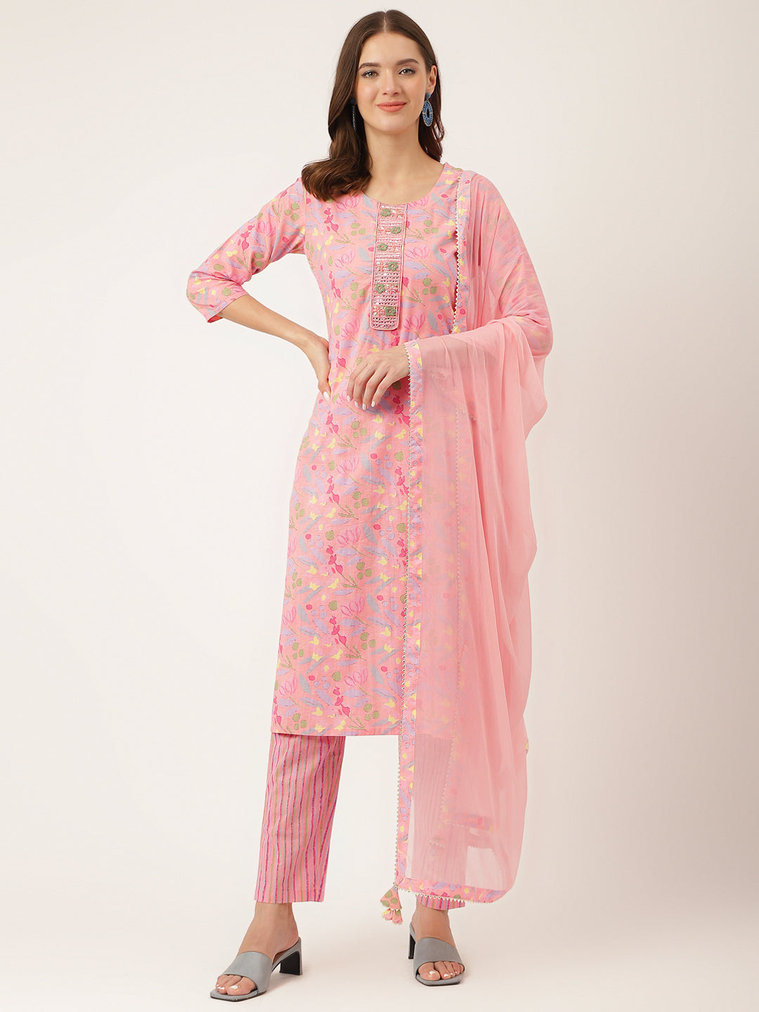 Pink Floral Print Cotton Kurta, Trouser With Dupatta — view 1
