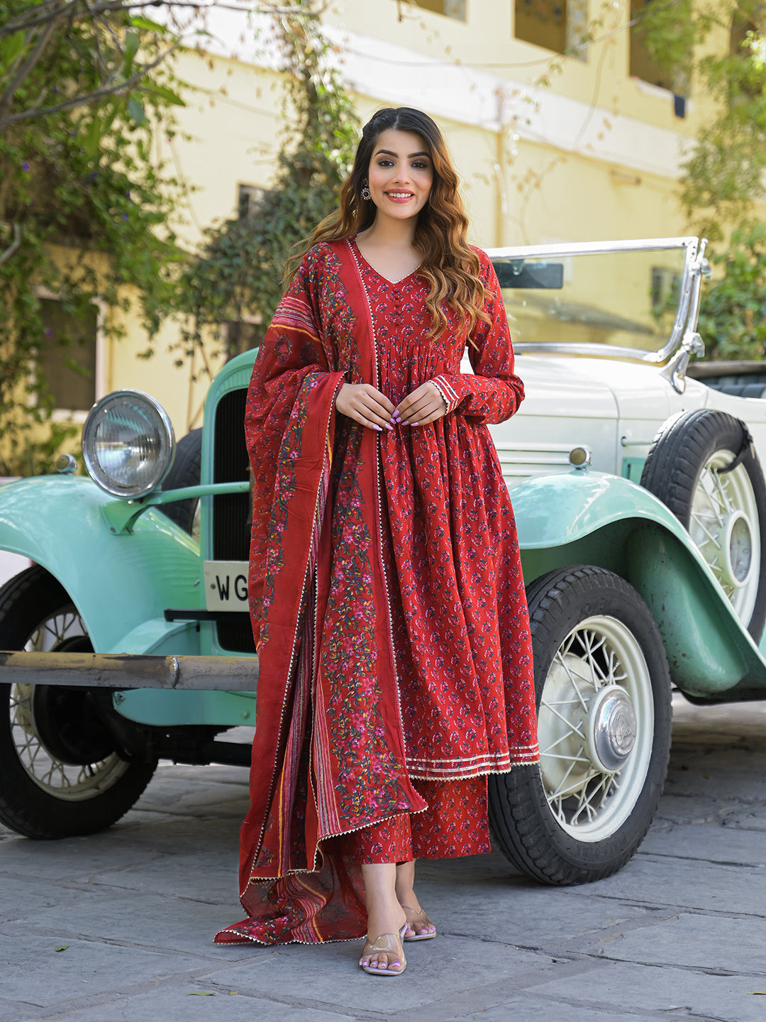 Red Floral Cotton Printed Anarkali Kurta Pant With Dupatta — view 1