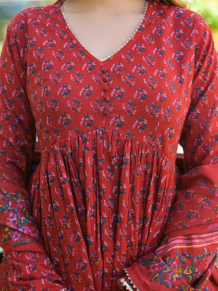 Divena Red Floral Cotton Printed Anarkali Kurta Pant With Dupatta