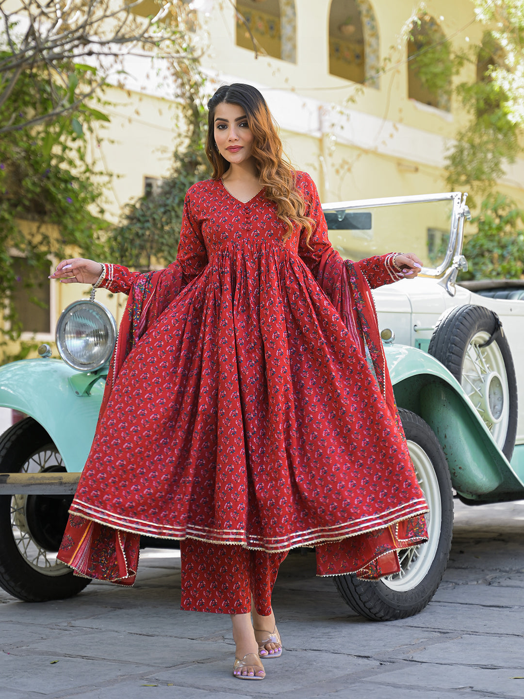 Divena Red Floral Cotton Printed Anarkali Kurta Pant With Dupatta