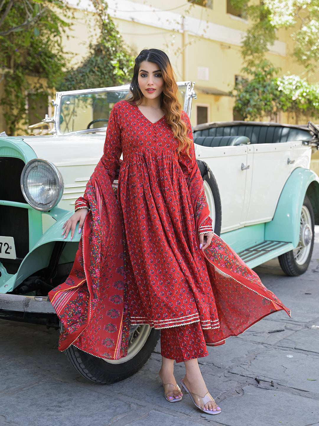 Divena Red Floral Cotton Printed Anarkali Kurta Pant With Dupatta