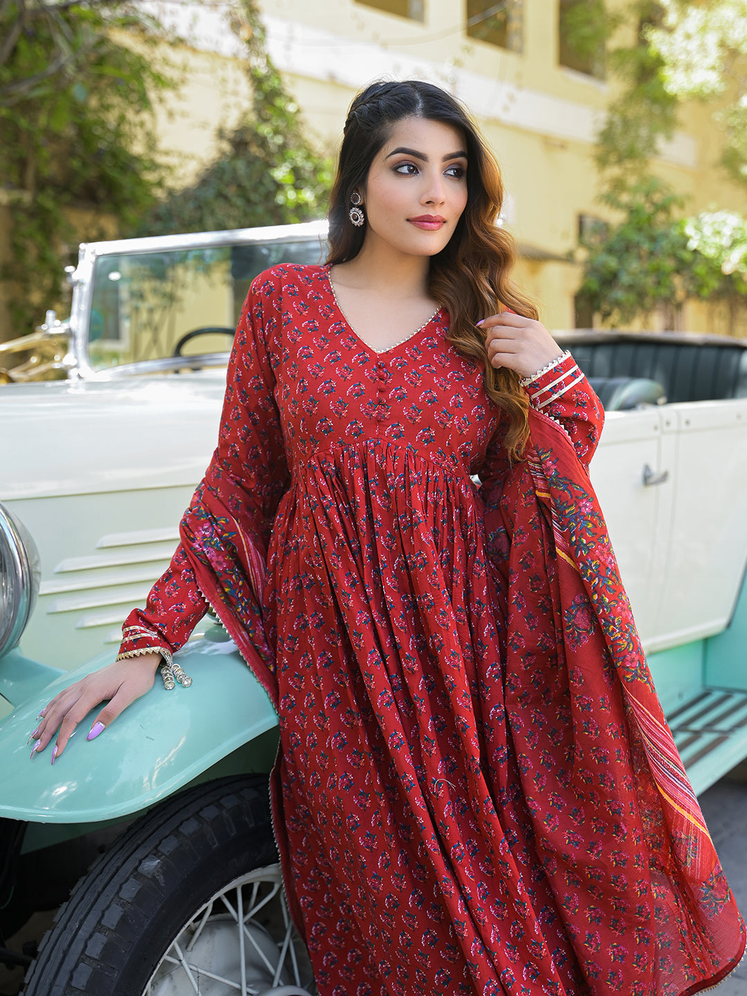 Divena Red Floral Cotton Printed Anarkali Kurta Pant With Dupatta