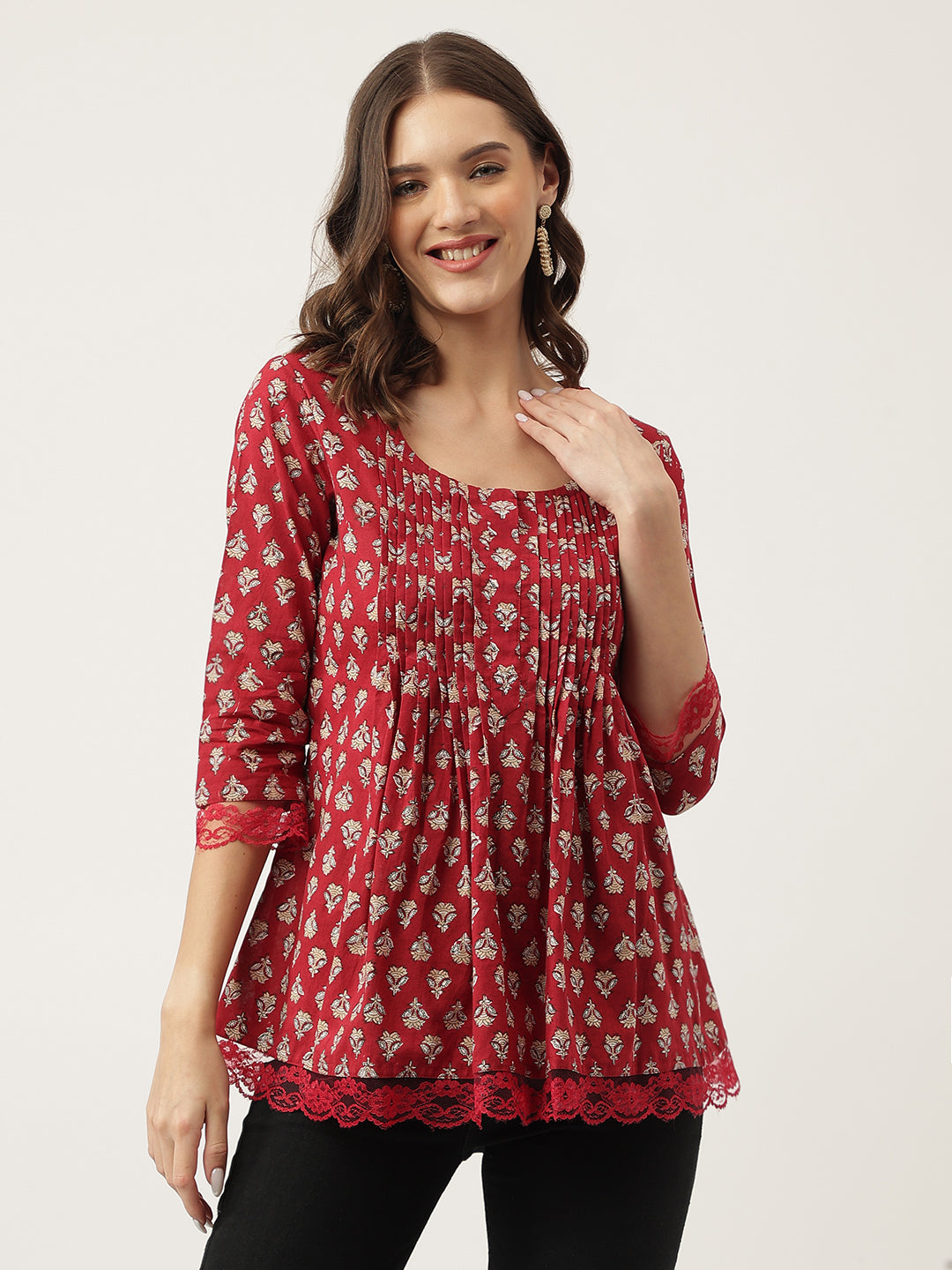 Maroon Floral Printed Cotton Peplum Top — view 1