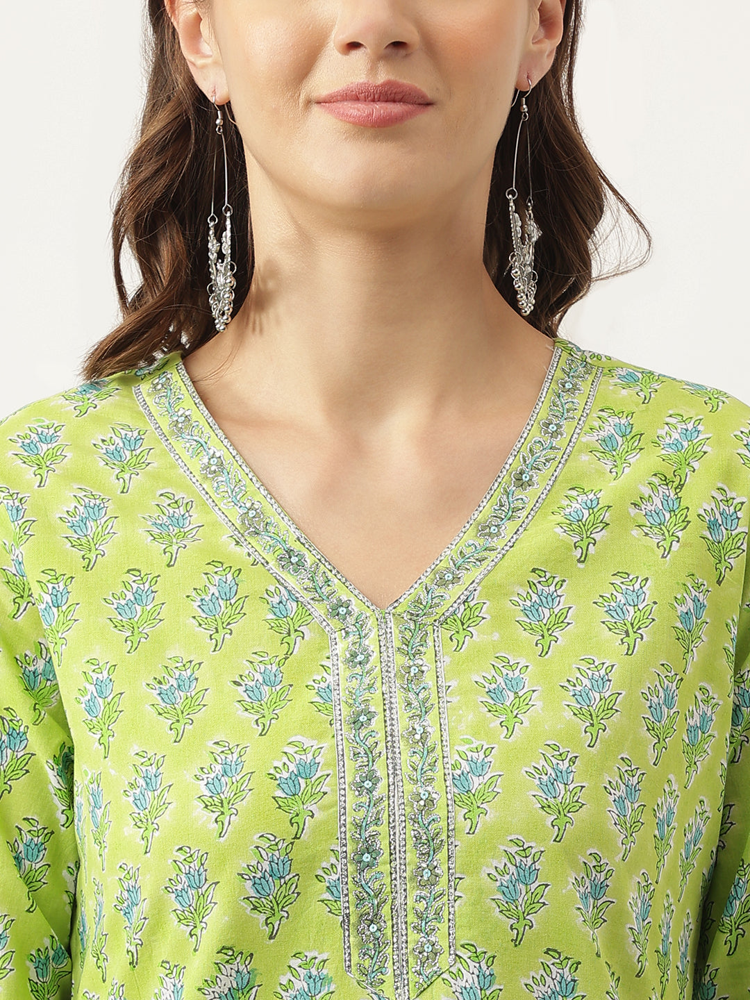 Divena Green Handblock Floral Printed Kurta Trouser & Kota Doria Dupatta Set