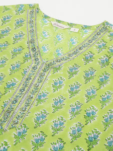 Divena Green Handblock Floral Printed Kurta Trouser & Kota Doria Dupatta Set