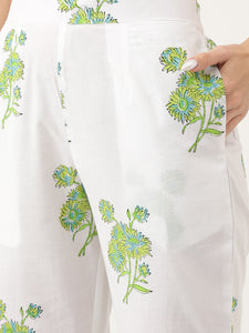 Divena Green Handblock Floral Printed Kurta Trouser & Kota Doria Dupatta Set