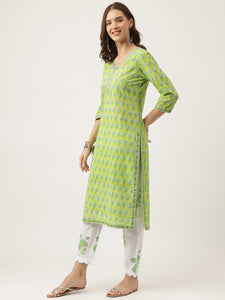 Divena Green Handblock Floral Printed Kurta Trouser & Kota Doria Dupatta Set