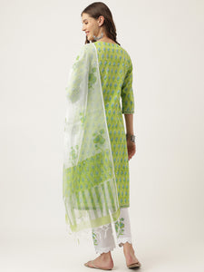 Divena Green Handblock Floral Printed Kurta Trouser & Kota Doria Dupatta Set