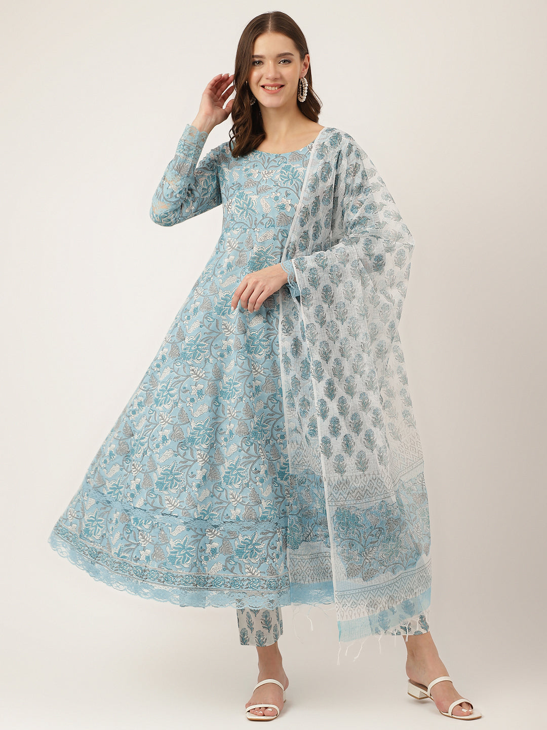 Sky Blue Hand Block Floral Print Cotton Kurta, Trouser With Dupatta — view 1