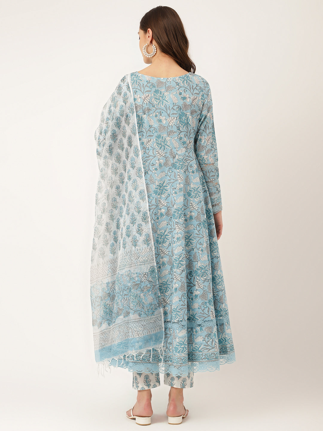 Divena Sky Blue Hand Block Floral Print Cotton Kurta, Trouser With Dupatta
