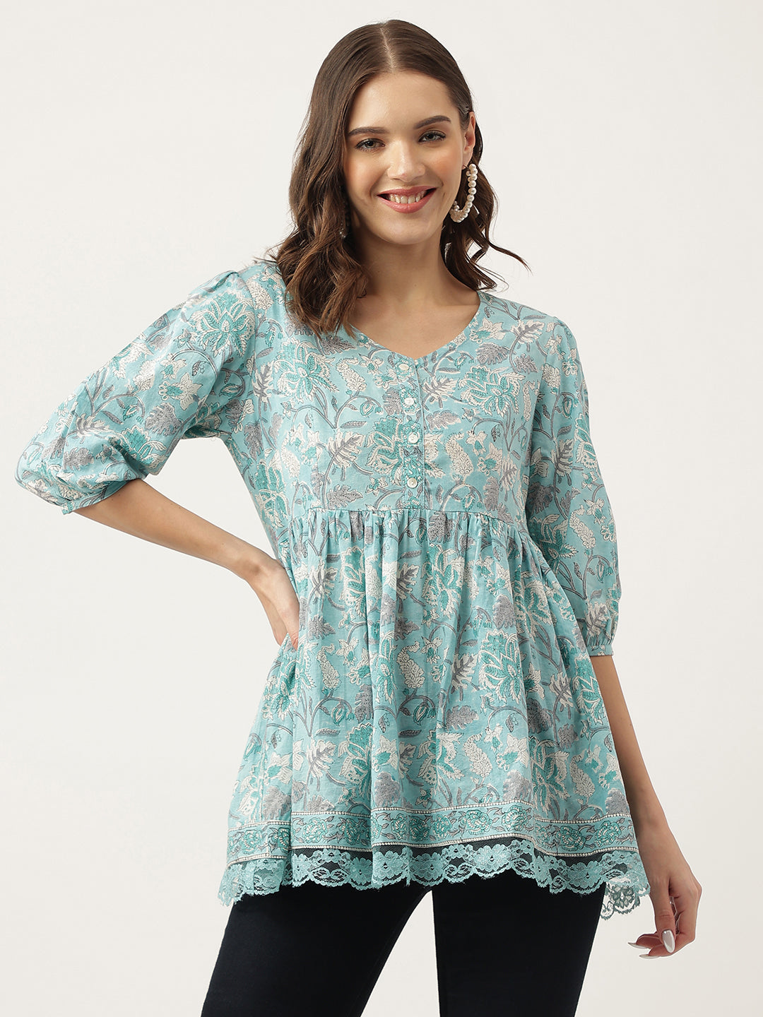 Light Blue Floral Printed Cotton Peplum Fit Top — view 1
