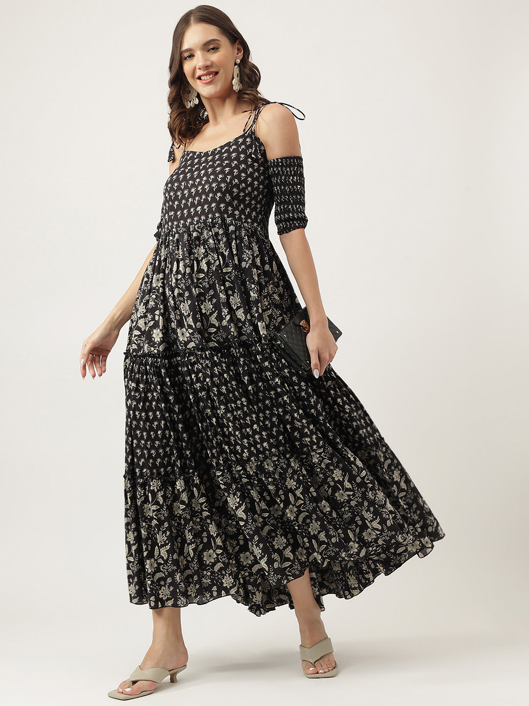 Floral Printed Cotton Cold Shoulder Tiered Dress — view 1