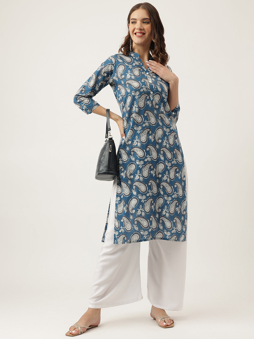 Paisley Print Straight Fit Cotton Kurta — view 1