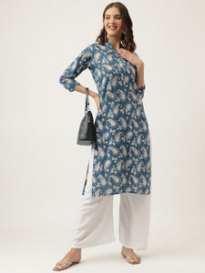 Women Floral Printed Long Kurti With Cotton Leggings Set - Blue 