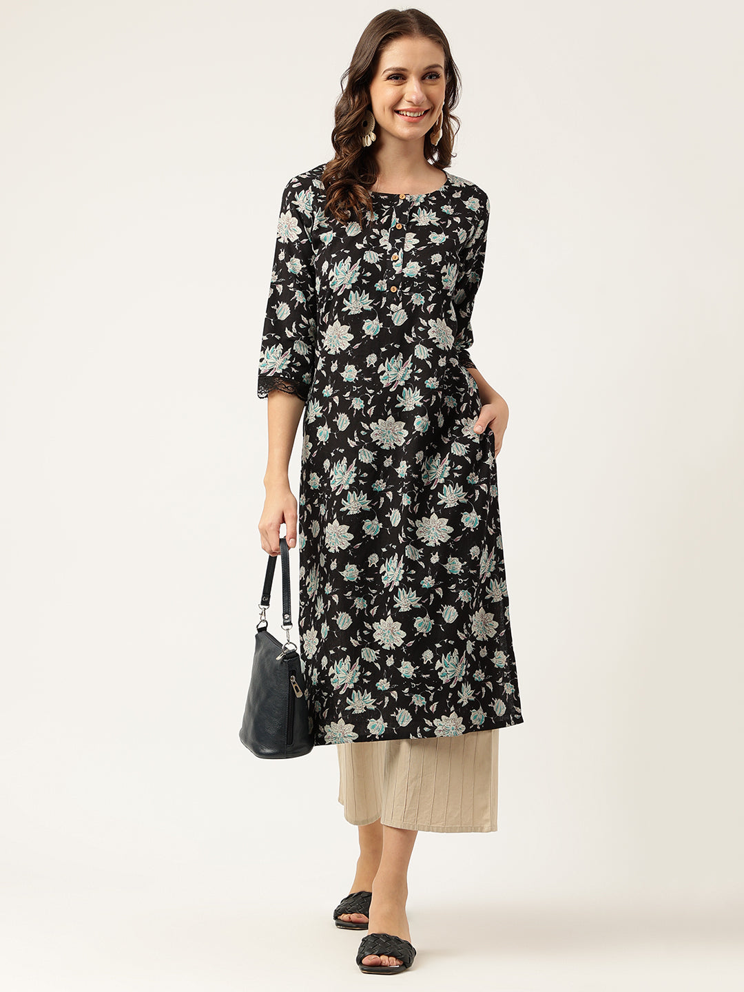 Black Floral Print Straight Fit Cotton kurta — view 1