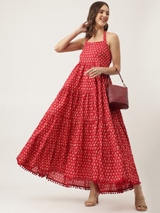 Divena Red Floral Printed Cotton Halter Neck Ethnic Tiered Dress