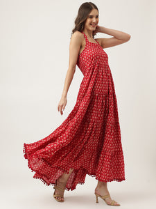 Divena Red Floral Printed Cotton Halter Neck Ethnic Tiered Dress