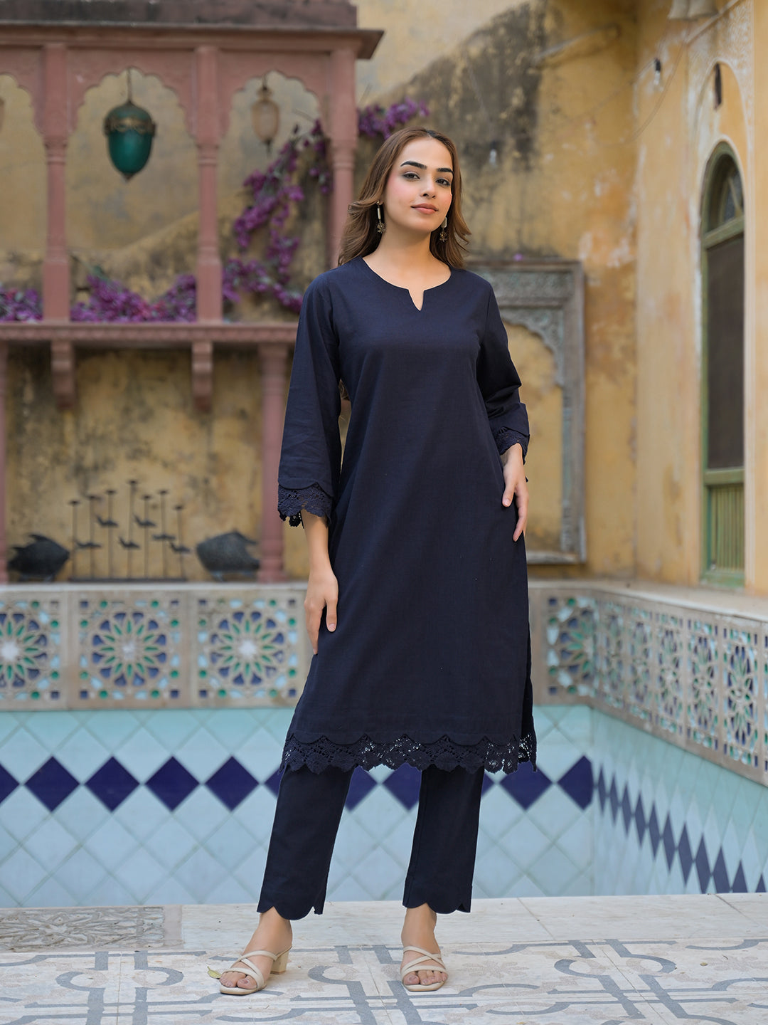 Navy Blue Cotton Straight Fit Lace Border Kurta with Trouser — view 1