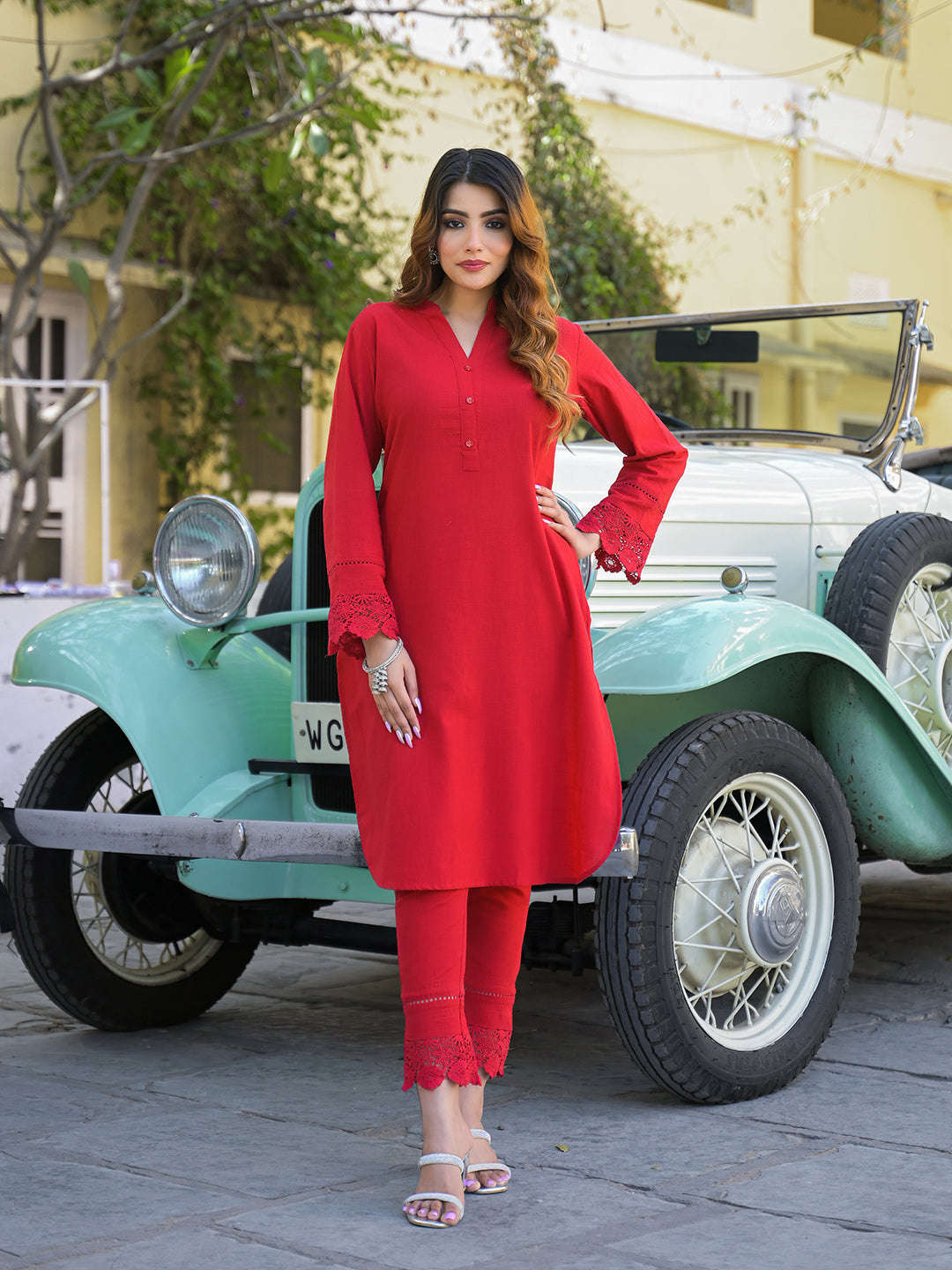 Red Solid Print Cotton Fabric Shirt Kurta with Trouser — view 1